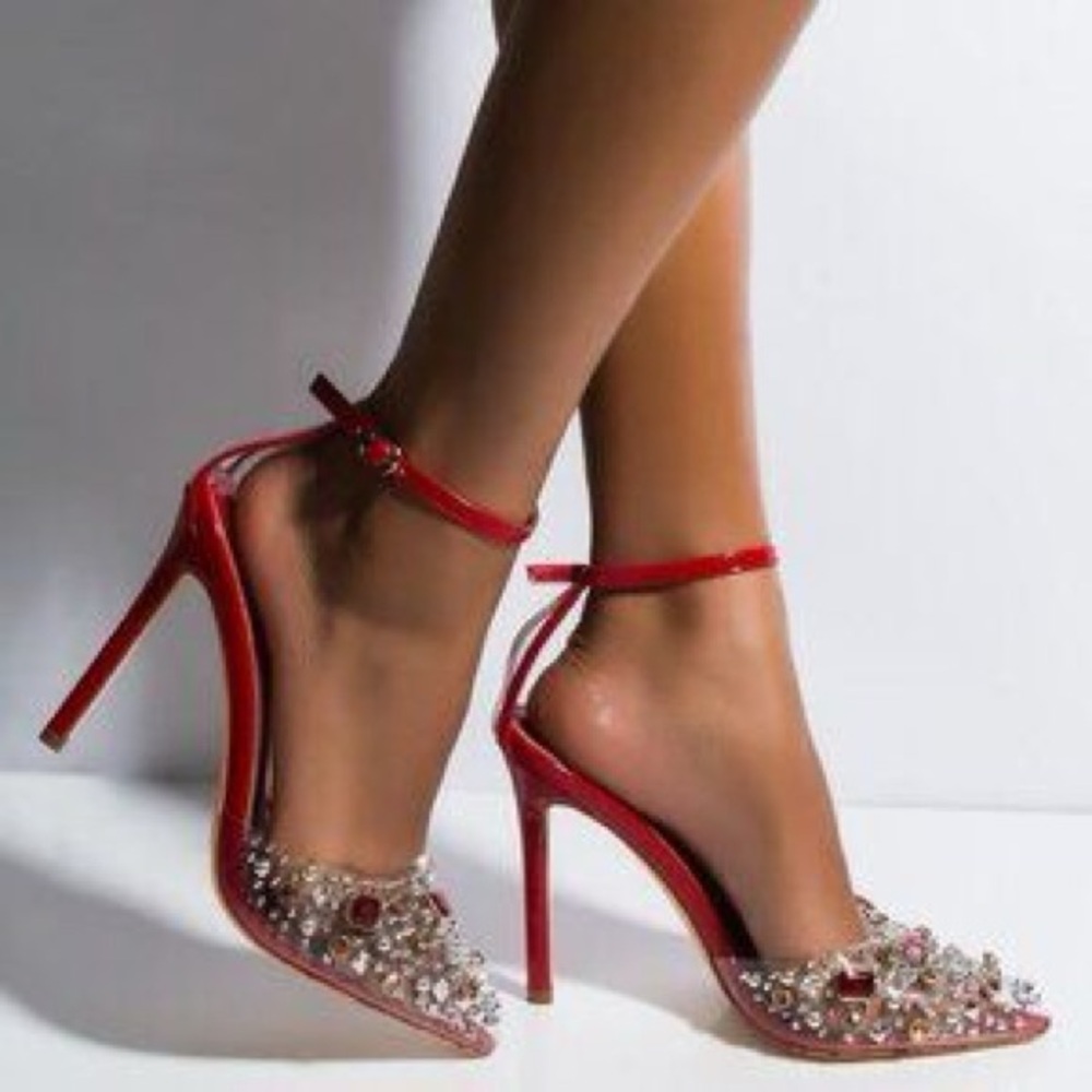 Azalea Wang Elegant Red Stiletto Heels with Crystal Embellishments